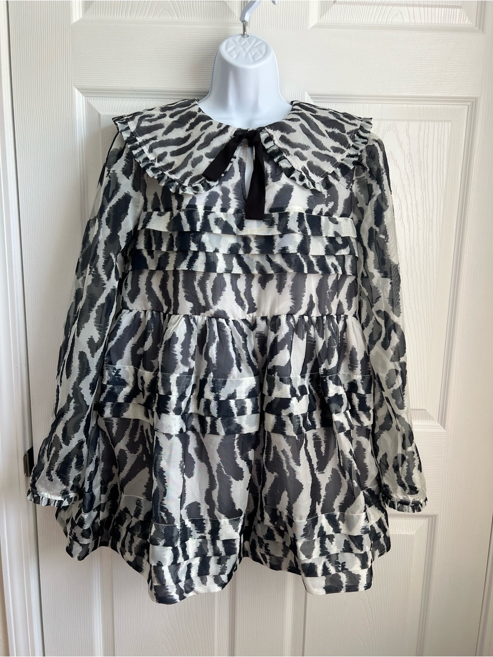 Maeve Anthropologie Zebra Tiered Ruffle Babydoll Dress Sheer Sleeve Sz M